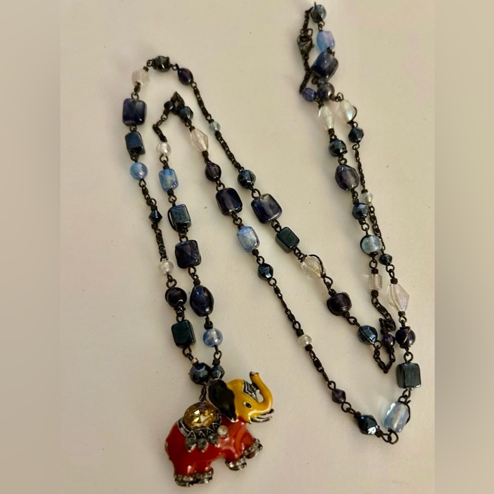Necklace vintage blue Art Glass enameled Elephant red yellow black crystal beads